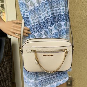Michael Kors Jet Set Item Large East West Zip Chain Crossbody Leather LightCream